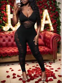 Slaydiva 全新性感日常约会吊带后背交叉蕾丝拼接针织面料黑色修身透视长裤女式紧身连体裤-F - 黑色 - 查看 2