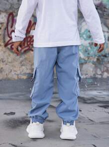 SHEIN Cartoon Smiling Face Print Elastic Waist Cargo Pocket Drawstring Casual Pants For Young Boys - Blue - View 2