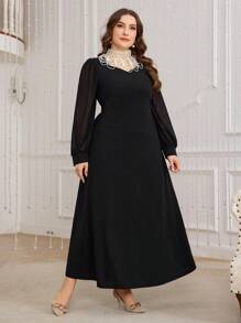 Modelyn Elegant Modest Muslim Arabic Women Plus Size Black Knit Pearl Necklace Bodycon Dress Long Evening Dresses Fall Cloth For Women - Black - View 3