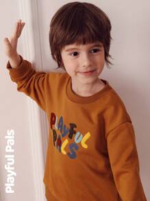 SHEIN 1 Pc Suitable Young Boys And Young Girls Sets Fun Letter Print 3D Embroidery Sweatshirt & Sweatpants Cute/Retro/Casual/Home/Outdoor Winter/Fall Outfits - Brown - View 5