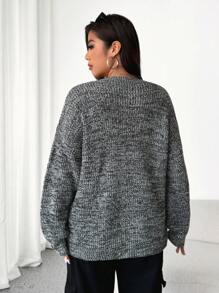 Flirla Women Plus Fashionable Floral Pattern Pocket Patched Round Neck Long Sleeve Sweater, Suitable For Autumn And Winter Knit Pullover Fall - Black and White - View 2