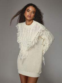 MISSGUIDED Oversized Knit Sweater Dress Fringe Cable Pattern Winter Fall Long Sleeve Cozy Chunky Pullover Mini Dress Evening Party - White - View 5