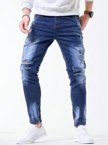 Manfinity Homme Men's Pocket Distressed Minimalist Casual Super Skinny Jeans, Frayed Plain Dark Blue Slim Fit Long Ripped Jeans, For Husband, Boyfriend Gifts - Dark Wash - View 3
