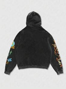 ROMWE MEN Street Life Men's Graffiti Print Distressed Loose Short Fit Hoodie - Black - View 2