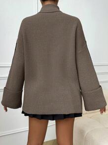 Uhlyne Women Drop Shoulder Contrast Color Folded Cuff High Neck Pullover Sweater, Autumn/Winter Knit Pullover Fall - Camel - View 2