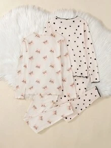 SHEIN 4 件套可爱猫咪 & 心形印花圆领长袖 & 裤子针织柔软触感睡衣套装适合少女