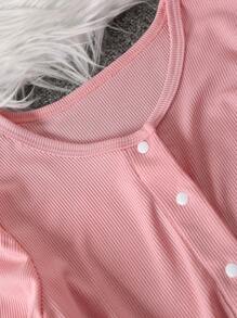 SHEIN 女孩休闲简约圆领落肩长袖短款开衫和松紧腰直腿裤背心纯色两件套，秋季 - 粉色 - 查看 7