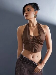 Hauture Halter Neck Lace Insert Lace Up Corset Top - Chocolate Brown - View 5