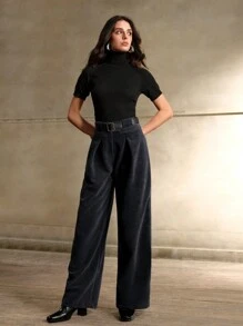 Anewsta Korean Style Loose Waist High Waist Versatile Draping Casual Corduroy Straight Leg Pants, Navy Blue
