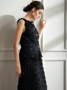 Chiquease 女士复古露肩无袖长款收腰夹克和宽松西装裤套装 - 黑色 - 查看 5