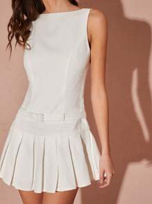 Enchnt Women Solid Color Round Neck Sleeveless Pleated Hem Casual Mini Dress - White - View 5