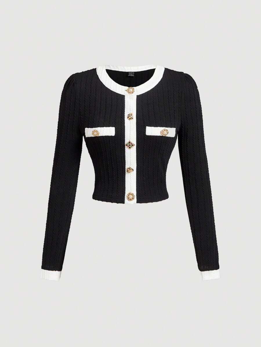 SHEIN MOD Women's Black Crop Round Neck Long Sleeve Knit Top, Metal Button Decoration,Long Sleeve Shirt,