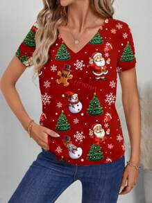 SHEIN Essnce Áo thun nữ cổ chữ V tay ngắn rộng rãi in hình cây thông Noel - Đỏ - Xem 3