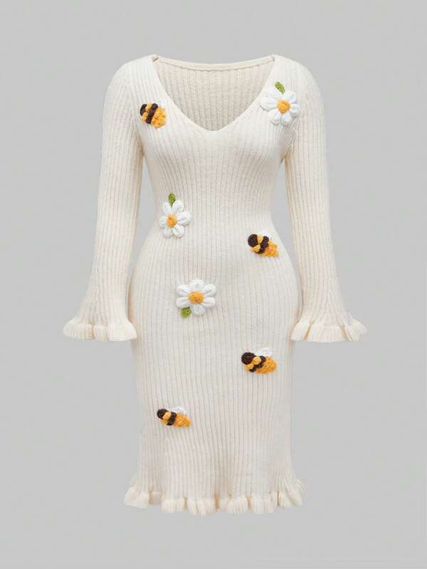 ROMWE Fairycore Plus Size Pastoral Bee & Floral Crochet Knit Sweater Dress