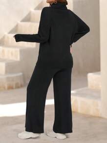 Plus Size Solid Color Turtleneck Long Sleeve Sweater And Pants Casual Suit, For Winter