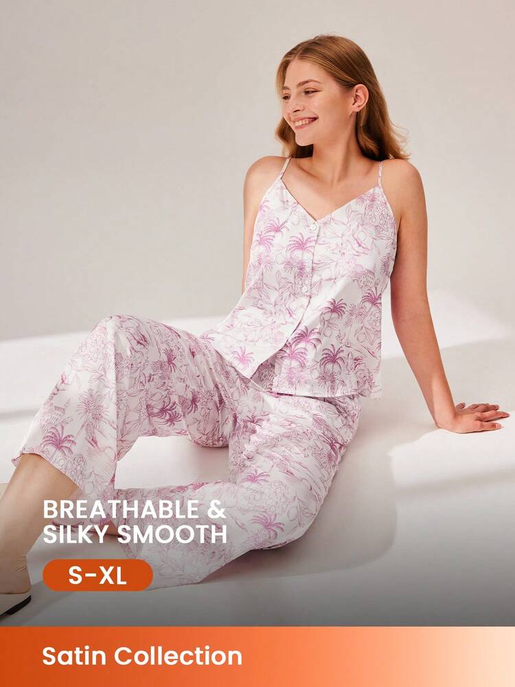 Ensemble de pyjama essentiel de base pour femmes en été, composé d'un débardeur en satin imprimé et d'un pantalon long. Ensemble de détente pour femmes, lingerie intime pour mariée