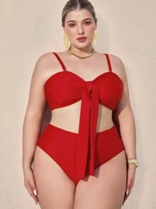 Swim Oasis Plus Size Women Oasis Three Pieces Set, Solid Color Lace-Up Spaghetti Strap Camisole & Shorts Set With Random Printed Belt & Maxi Skirt Summer