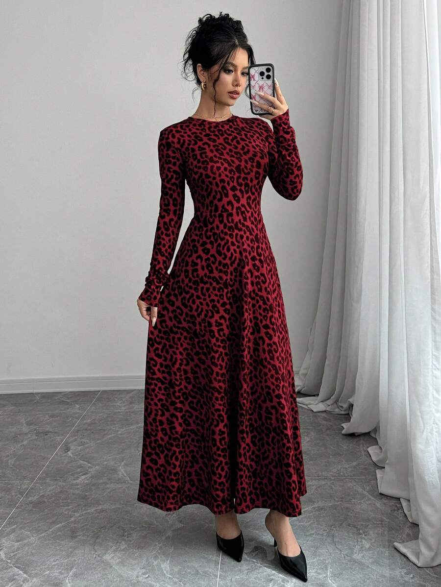 Chiquease Váy Maxi Họa Tiết Da Báo Thời Trang Thu Đông Cho Nữ Quần Áo Năm Mới - Đỏ - Xem 1