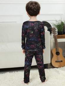 2 bộ đồ ngủ liền thân in họa tiết khủng long T-Rex phát sáng neon dễ thương vui nhộn cho bé trai, tay dài co giãn thoải mái, quần dài vừa vặn, đồ mặc ở nhà cho mùa thu đông - màu đen - Xem 2