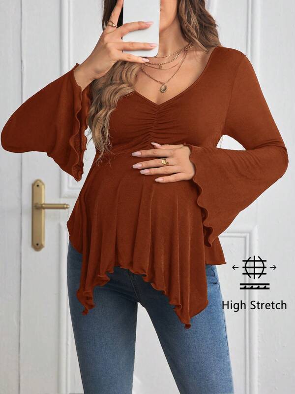 SHEIN Maternity Flounce Sleeve Ruched Lettuce Trim Y2k T-Shirt, Black Long Sleeve Fitted Pregnant Women T-Shirt, Autumn/Winter
