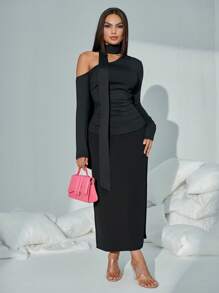 SHEIN SXY Autumn Winter Black Asymmetrical Off Shoulder Long Sleeve Top With Detachable Long Streamer Collar
