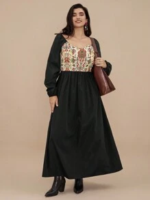 SHEIN VCAY Vestido Floral com Remendo e Manga Lanterna para Mulheres Plus Size, para Férias