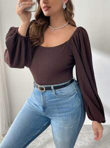 SHEIN Privé Plus Size Textured Fabric Square Collar Bodysuit, Autumn/Winter - Coffee Brown - View 6