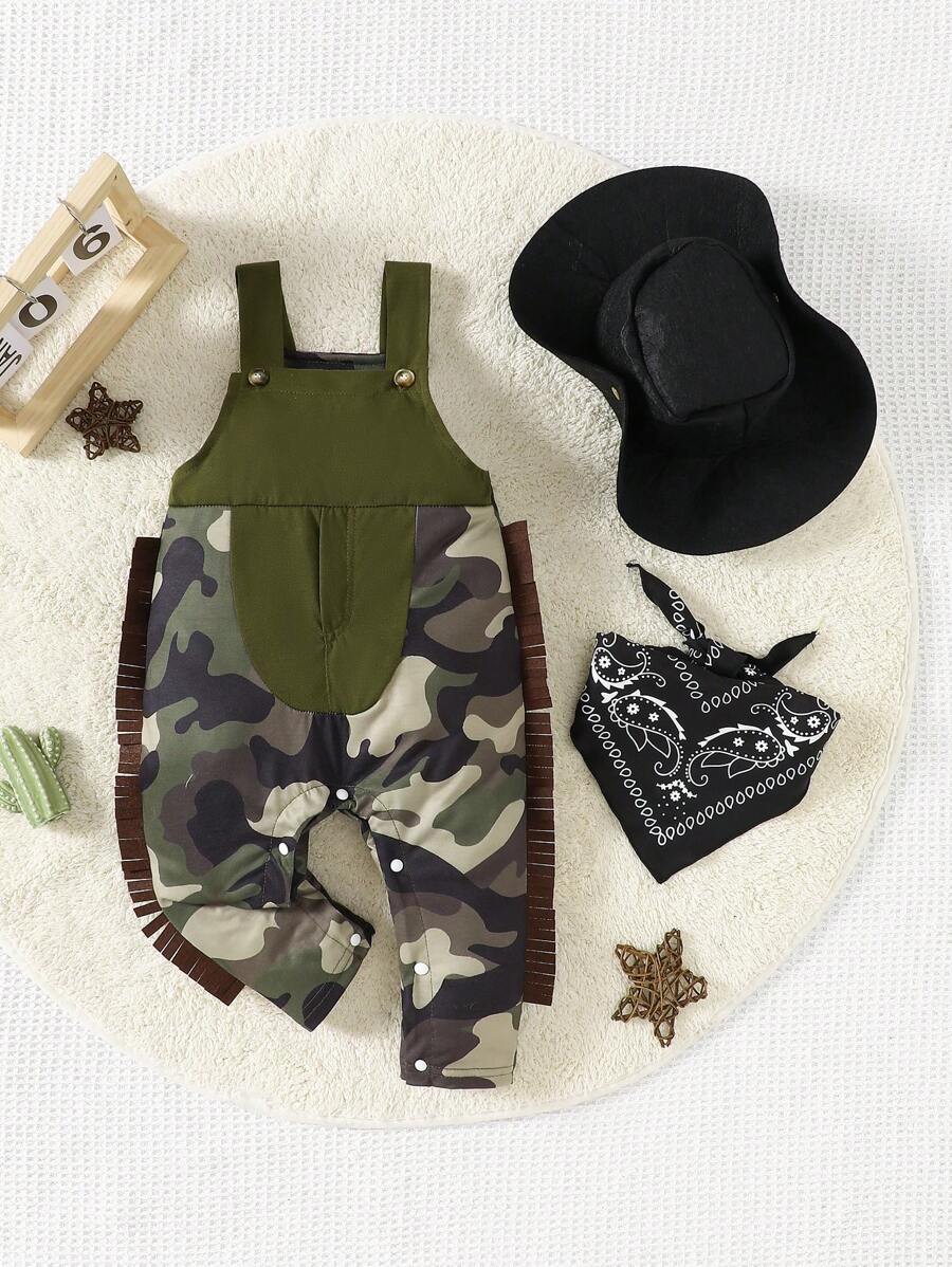 SHEIN 3 件套西部女牛仔牛印花工装裤，搭配棕色仿麂皮牛仔帽和传统几何印花围巾，俏皮狂野风格 - 彩色 - 查看 1