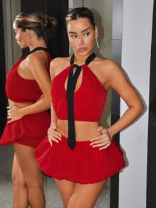 SHEIN ICON 撞色吊带上衣和泡泡袖迷你裙 Y2K 派对节日女士新年红色两件套 - 紅色 - 查看 4