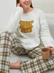 RueChic Cotton 2Pcs Plus Size Slogan Printed Top And Plaid Printed Sleep Bottom PJ Set - Apricot - View 3