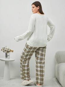 RueChic Cotton 2Pcs Plus Size Slogan Printed Top And Plaid Printed Sleep Bottom PJ Set - Apricot - View 2