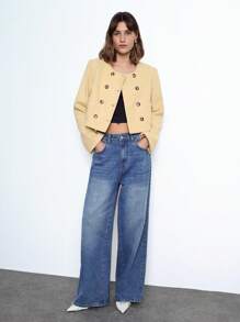 Maija Chaqueta con diseño cruzado doble de color amarillo claro para mujer, prenda de vestir de otoño/invierno, moderna y cómoda, con hombros acolchados, longitud corta, manga larga, cuello redondo, sin cuello, casual de negocios