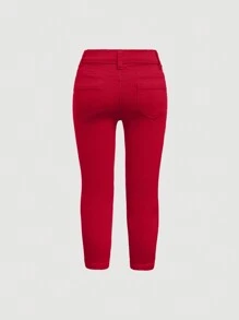 SHEIN Quần Jeans Skinny Rách Túi Cho Bé Gái Trẻ Thường Ngày Đa Năng - Đỏ - Xem 2