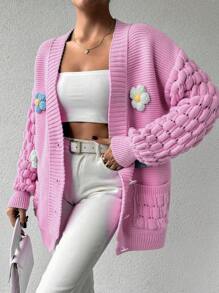 EURMUSE Áo khoác Cardigan họa tiết hoa 3D cho nữ, mặc thường ngày vào mùa thu/đông - Hồng - Xem 6