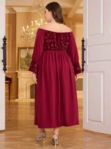 Modelyn 大码露肩提花针织连衣裙，优雅，适合圣诞节勃艮第红长款女士装长款晚礼服 - 酒紅色 - 查看 2