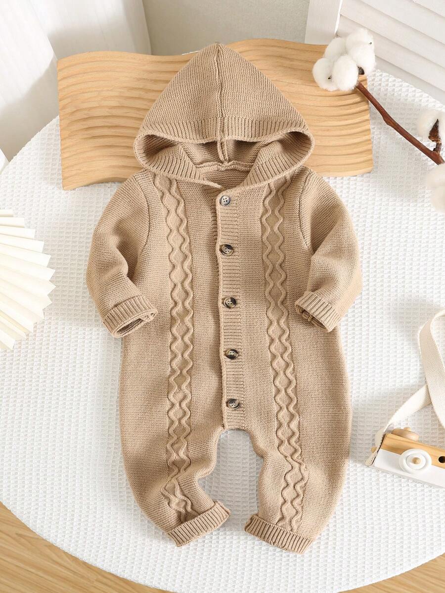 SHEIN Bộ đồ liền thân có mũ trùm đầu đơn giản dễ thương cho bé trai/bé gái sơ sinh màu kaki kèm áo len, mùa thu/đông - Nhiều màu - Xem 1