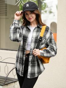 SHEIN Explorewe 青少年女孩秋冬格纹宽松休闲简约都市通勤衬衫 - 彩色 - 查看 3