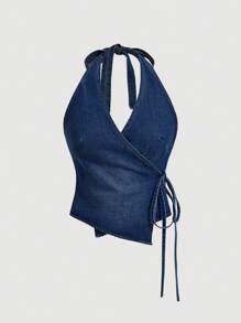 SHEIN MOD Women's Simple Backless Tie Up Denim Casual Blouse For Everyday Wear