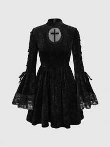 ROMWE Goth Dark Lace Flare Sleeve Short Dress For Women, For New Year - Black - View 1