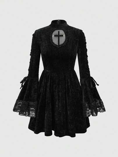 Goth فستان قصير للنساء بأكمام واسعة من الدانتيل الداكن، مناسب لرأس السنة الجديدة