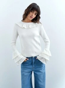 Maija Women's Elegant Ruffled Collar Wave Hem Multi-Layer Sleeve Soft & Comfy White Sweater, Suitable For Daily Wear, Party, Valentine's Day