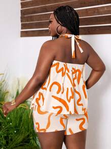 Slaydiva 大码休闲优雅宽松交叉吊带 A 字裙，抽象印花艺术品设计，女士 2 件套 - 橘色 - 查看 2