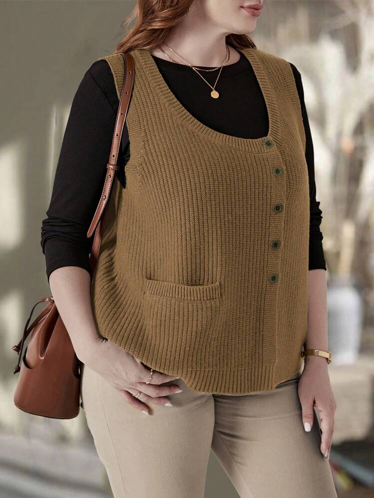 EMERY ROSE プラスサイズ レディース 無地ラウンドネック シングルボタン カジュアル ポケット付きニットベスト 秋冬 - キャメル - 見る 4