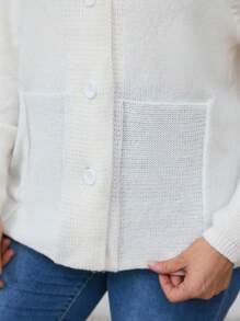 SHEIN LUNE Plus Size Women's Solid Color Drop Shoulder Long Sleeve Single Breasted Pocket Casual Cardigan, Autumn/Winter Fall Cloth For Women - White - View 3