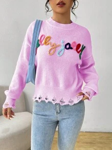 Chiquease Áo len dệt kim cổ tròn tay dài họa tiết chữ chắp vá thường ngày dành cho nữ thu đông - Màu tím hoa cà - Xem 5