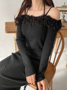 FRIFUL Women Autumn/Winter Solid Color Fluffy Splice Long Sleeve Form-Fitting Elegant Knitted Dress Women Sweater Dresses - Black - View 3