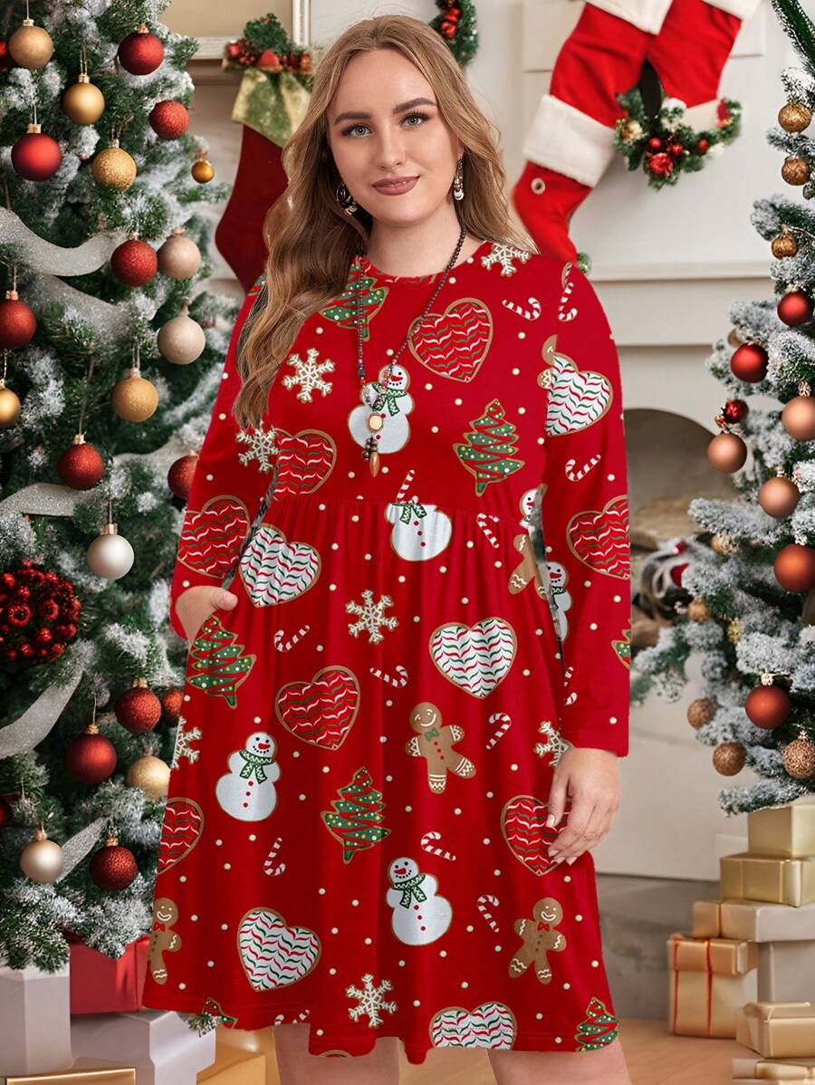 Glamance Polina Brazil 女士红色加大码连衣裙长袖圆领休闲圣诞、纯色、几何图案夏季女装夏季连衣裙女士太阳裙度假连衣裙外出 - 紅色 - 查看 1