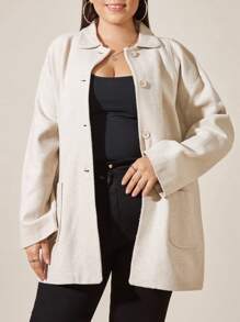 RueChic Cotton Knitted PLUS Overcoat Drop Shoulder Double Pocket Coat Easy To Style Perfect For Autumn And Winter - Beige - View 1