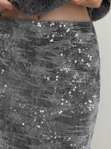 BizChic Sequin Fashionable Skirt, Grey Color Backsllit Hem Party Skirt, Office Wear For Women, Spring/Summer, Suitable For Christmas Party, Holiday, Thanksgiving