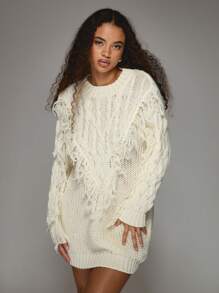 MISSGUIDED Oversized Knit Sweater Dress Fringe Cable Pattern Winter Fall Long Sleeve Cozy Chunky Pullover Mini Dress Evening Party - White - View 3